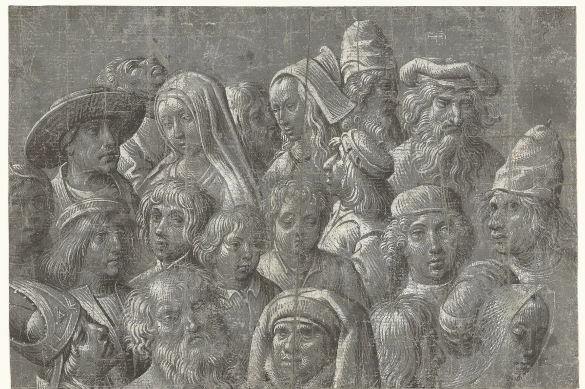 Studies van hoofden van mannen, vrouwen en kinderen by Meester van de Dood van Absalom, drawing, 1490-1510