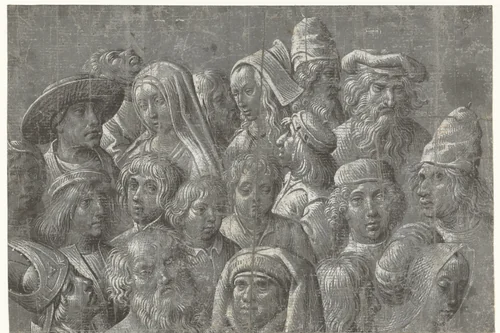 Studies van hoofden van mannen, vrouwen en kinderen by Meester van de Dood van Absalom, drawing, 1490-1510