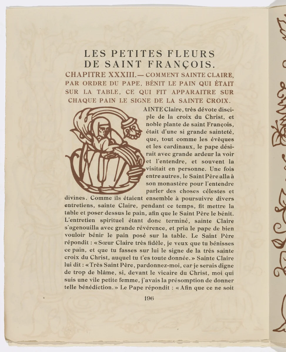 Pictorial initial (page 196) from Les Petites Fleurs de St. François (The Little Flowers of St. Francis) by Émile Bernard, illustrated book, 1928