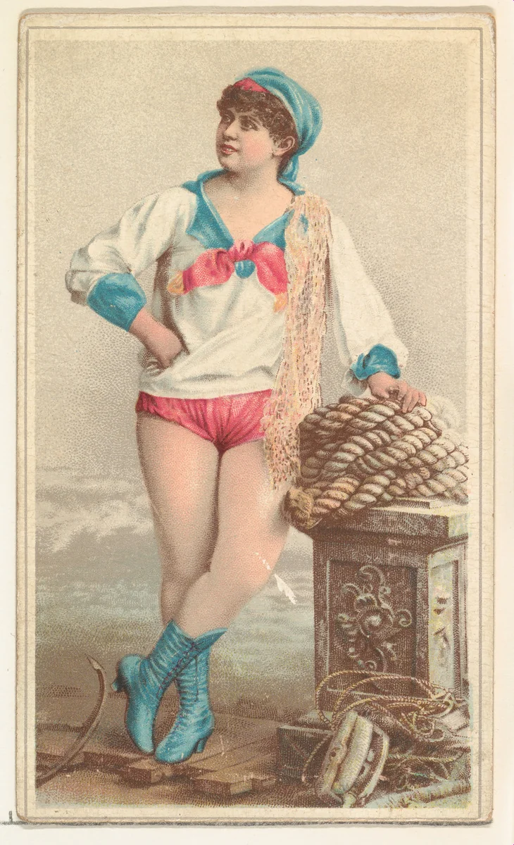 Actress wearing sailor costume with pink bloomers, from Stars of the Stage, Second Series (N130) issued by Duke Sons & Co. to promote Honest Long Cut Tobacco by W. Duke, Sons & Co., print, 1891