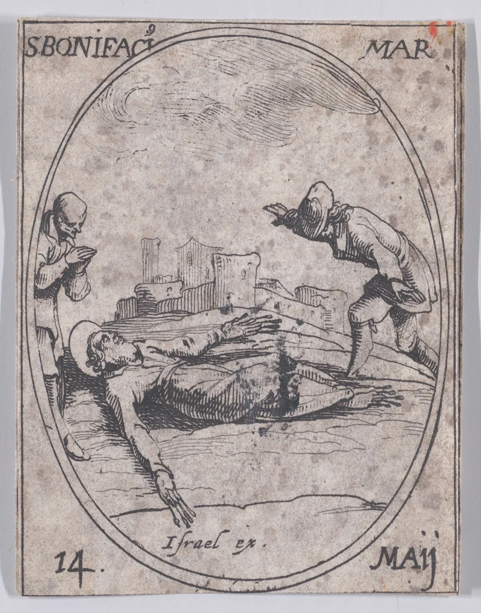 St. Boniface, Martyr, May 14th, from "Les Images De Tous Les Saincts et Saintes de L'Année" (Images of All of the Saints and Religious Events of the Year) by Jacques Callot, print, 1636