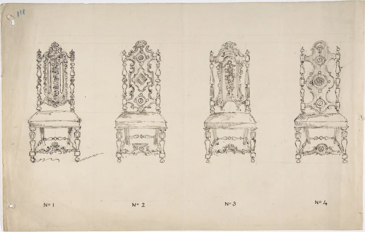 Design for Four Seventeenth Century Style Chairs by anonymous, drawing, 1800-1850