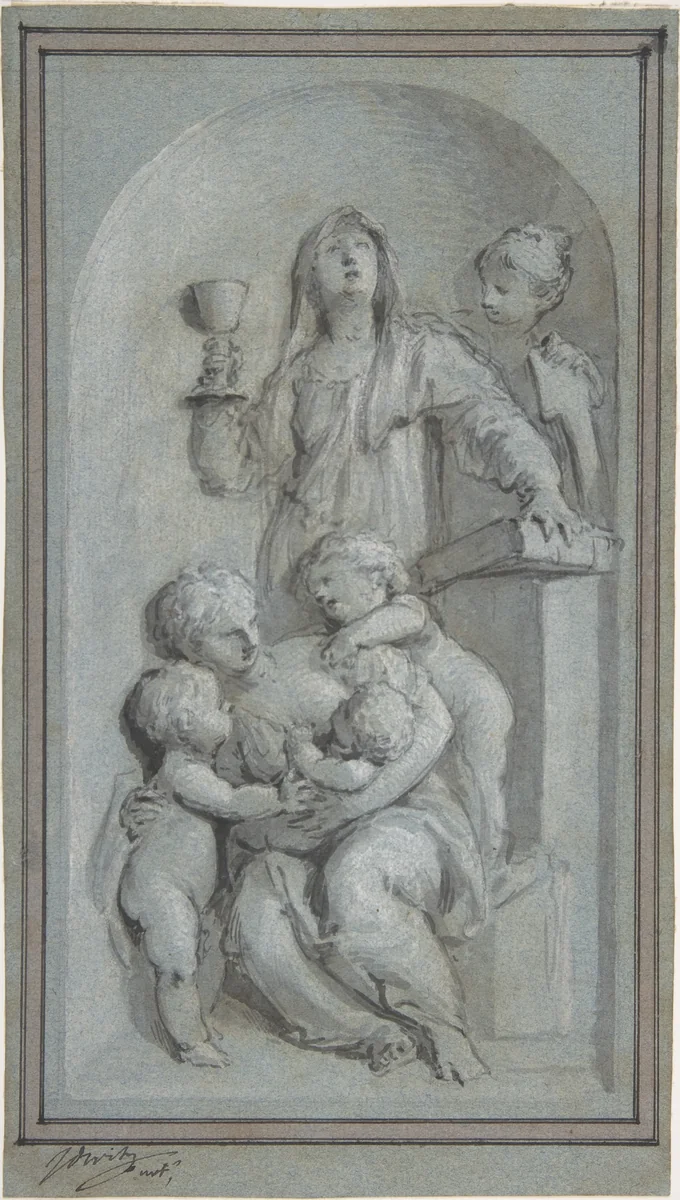 Allegorical Figures of Faith, Hope and Charity in a Niche by Jacob de Wit, drawing, 1710-1754
