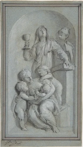 Allegorical Figures of Faith, Hope and Charity in a Niche by Jacob de Wit, drawing, 1710-1754