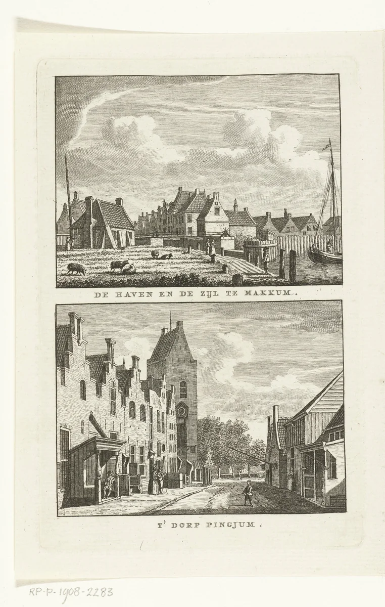 Twee dorpsgezichten: haven en sluis te Makkum en straat in Pingjum by Carel Frederik Bendorp, print, 1786-1792