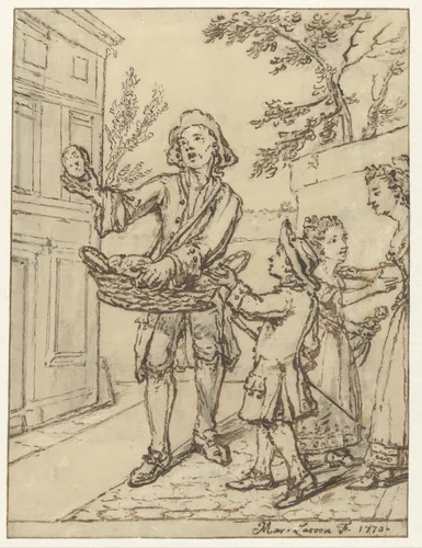 Jonge koopman bij drie kinderen by Marcellus Laroon, drawing, 1770