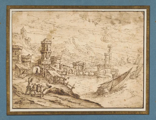 Stad aan een baai; rechts uitvarende galeien by Tobias Verhaecht, drawing, 1620-1631