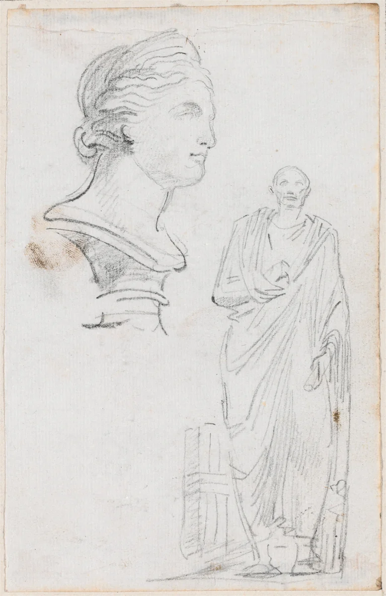 Bust of a Roman Woman and Statue of a Roman Man by Hubert Robert, drawing, 1754-1765