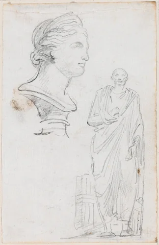 Bust of a Roman Woman and Statue of a Roman Man by Hubert Robert, drawing, 1754-1765