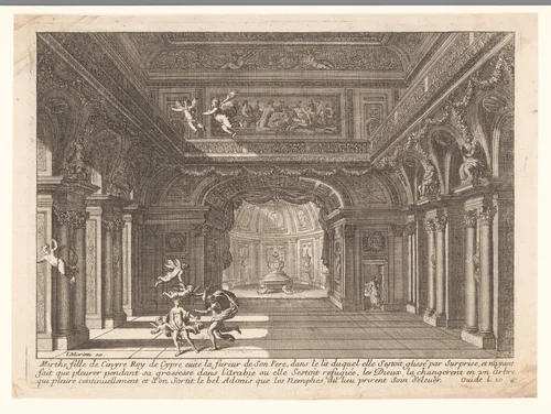 Cinyras valt zijn dochter Myrrha aan by Jean Lepautre, print, 1670-1682