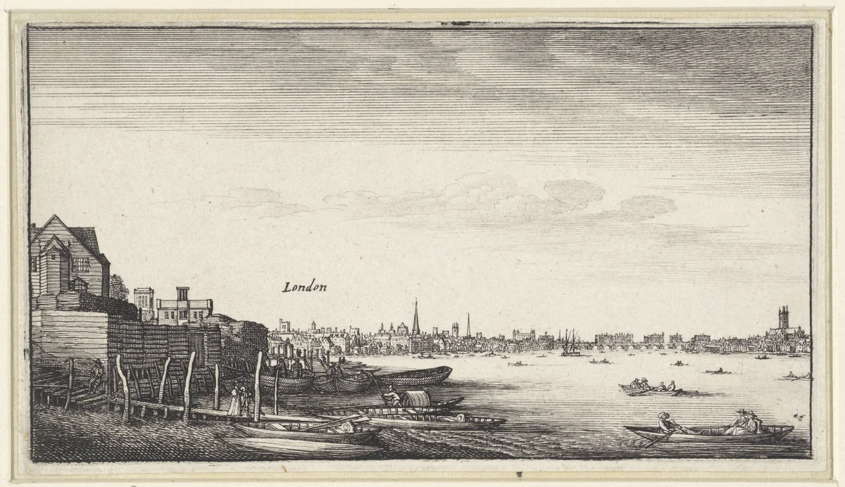 Londen gezien over de Theems vanuit Milford Stairs by Wenceslaus Hollar, print, 1643-1644