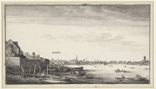 Londen gezien over de Theems vanuit Milford Stairs by Wenceslaus Hollar, print, 1643-1644