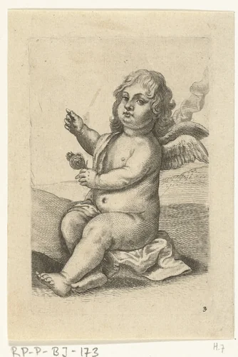 Engeltje met een roos in de hand by Pieter van Avont, print, 1630-1652