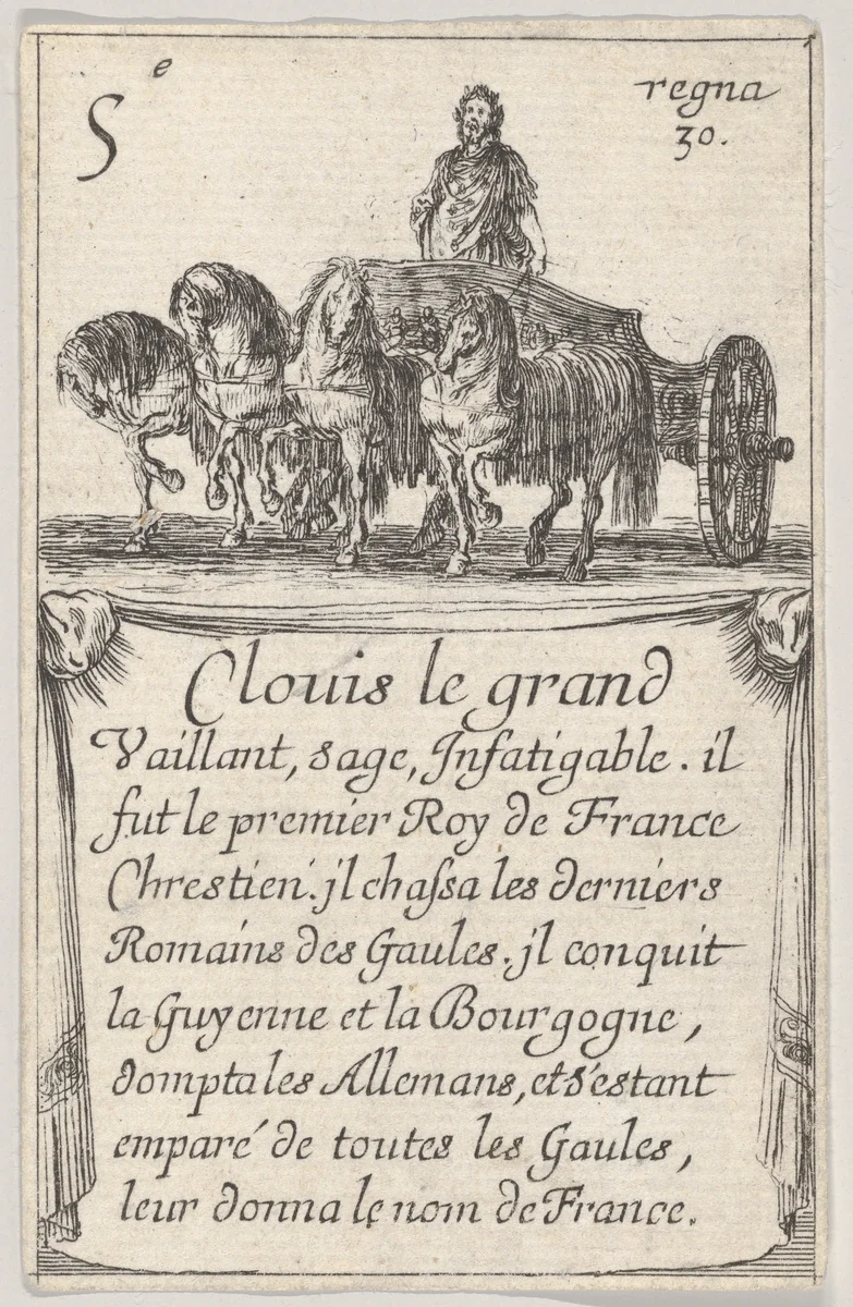 Clovis le grand / Vaillant, sage..., from "Game of the Kings of France" (Jeu des Rois de France) by Stefano della Bella, print, 1644