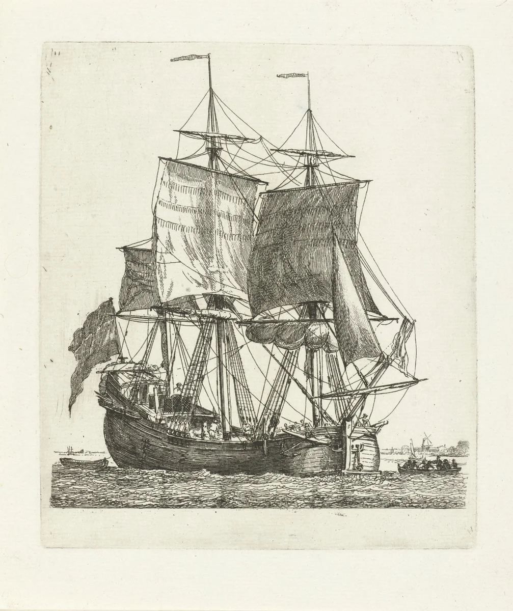 Driemaster met vlag en twee sloepen by Gerrit Groenewegen, print, 1790