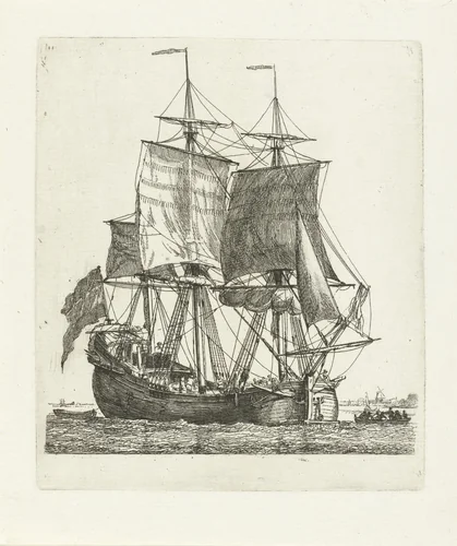 Driemaster met vlag en twee sloepen by Gerrit Groenewegen, print, 1790