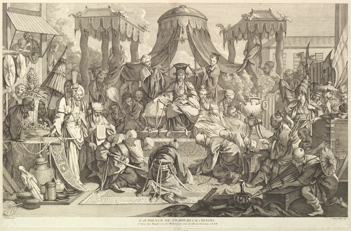 L'audience de l'Empereur chinois (The audience of the Chinese Emperor), from Chinoiseries by Jacques Gabriel Huquier, print, 1743-1800