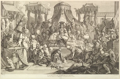 L'audience de l'Empereur chinois (The audience of the Chinese Emperor), from Chinoiseries by Jacques Gabriel Huquier, print, 1743-1800
