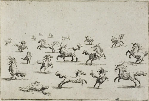 Horses Running Free, from The Caprices by Jacques Callot, print, 1617-1627