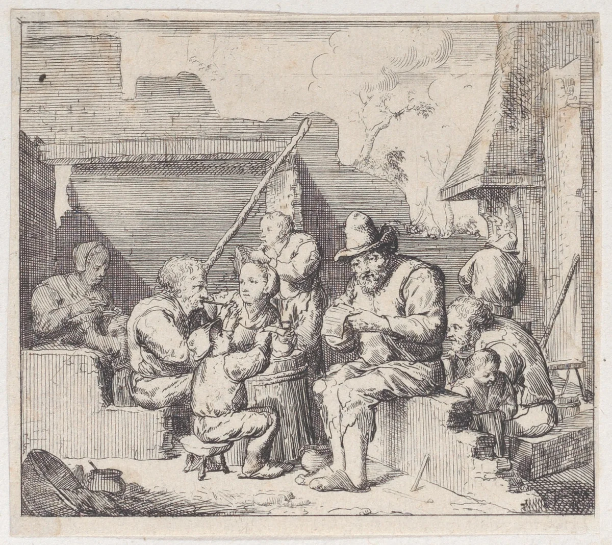 Ten peasants in a ruined house with a seated man at center reading a paper by Jacques Dassonville, print, 1635-1675