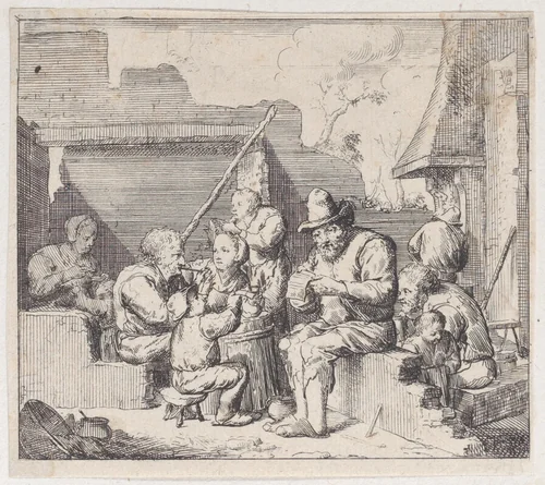 Ten peasants in a ruined house with a seated man at center reading a paper by Jacques Dassonville, print, 1635-1675