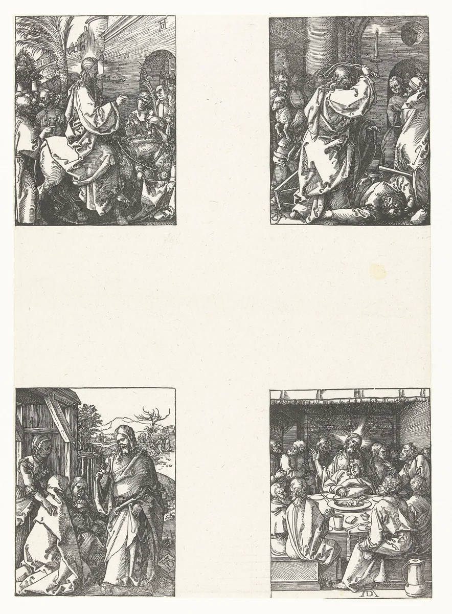 Intocht in Jeruzalem, Tempelreiniging, Christus neemt afscheid van zijn moeder, Laatste Avondmaal by Unknown, print, 1508-1509