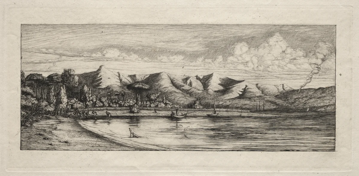 Seine Fishing off Charcoal Burner's Point, Akaroa by Charles Meryon, print, 1865
