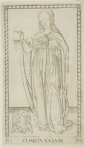 Charity, plate 38 from Genii and Virtues by Master of the E-Series Tarocchi, print, 1460-1470