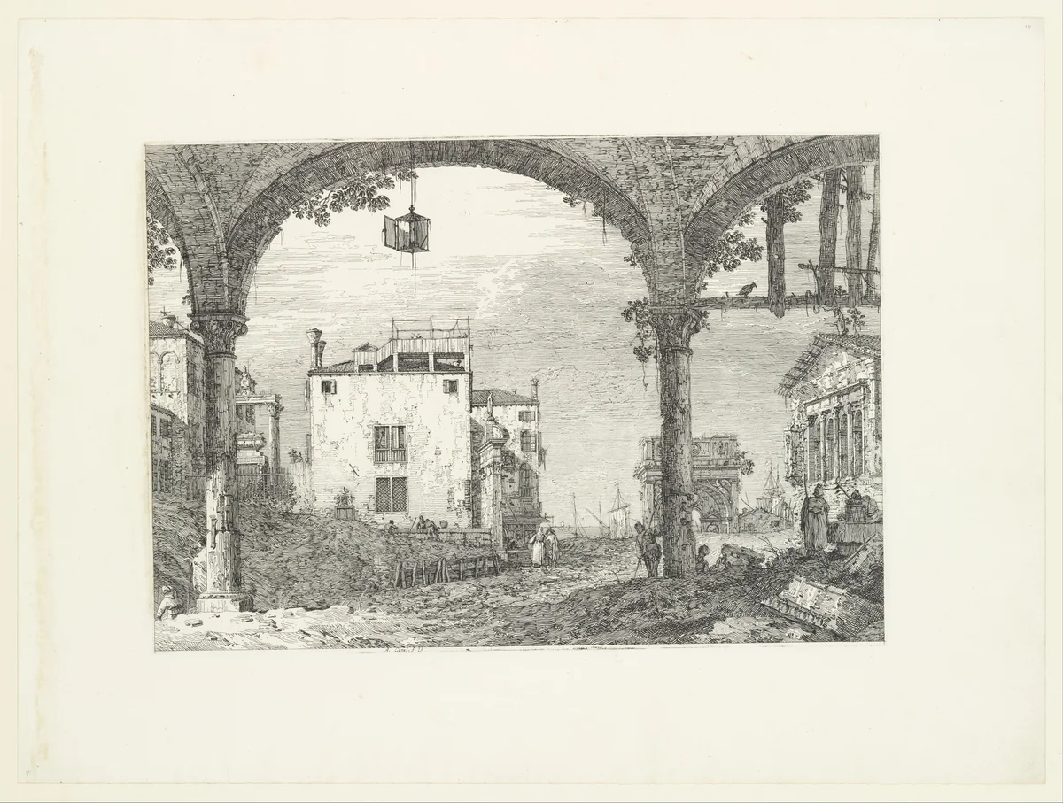 A three-arched portico with an open lantern hanging at center, a triumphal arch and ruins of a classical temple in the background, from "Views" (Vedute altre prese da i luoghi altre ideate da Antonio Canal) by Canaletto, print, 1735-1746