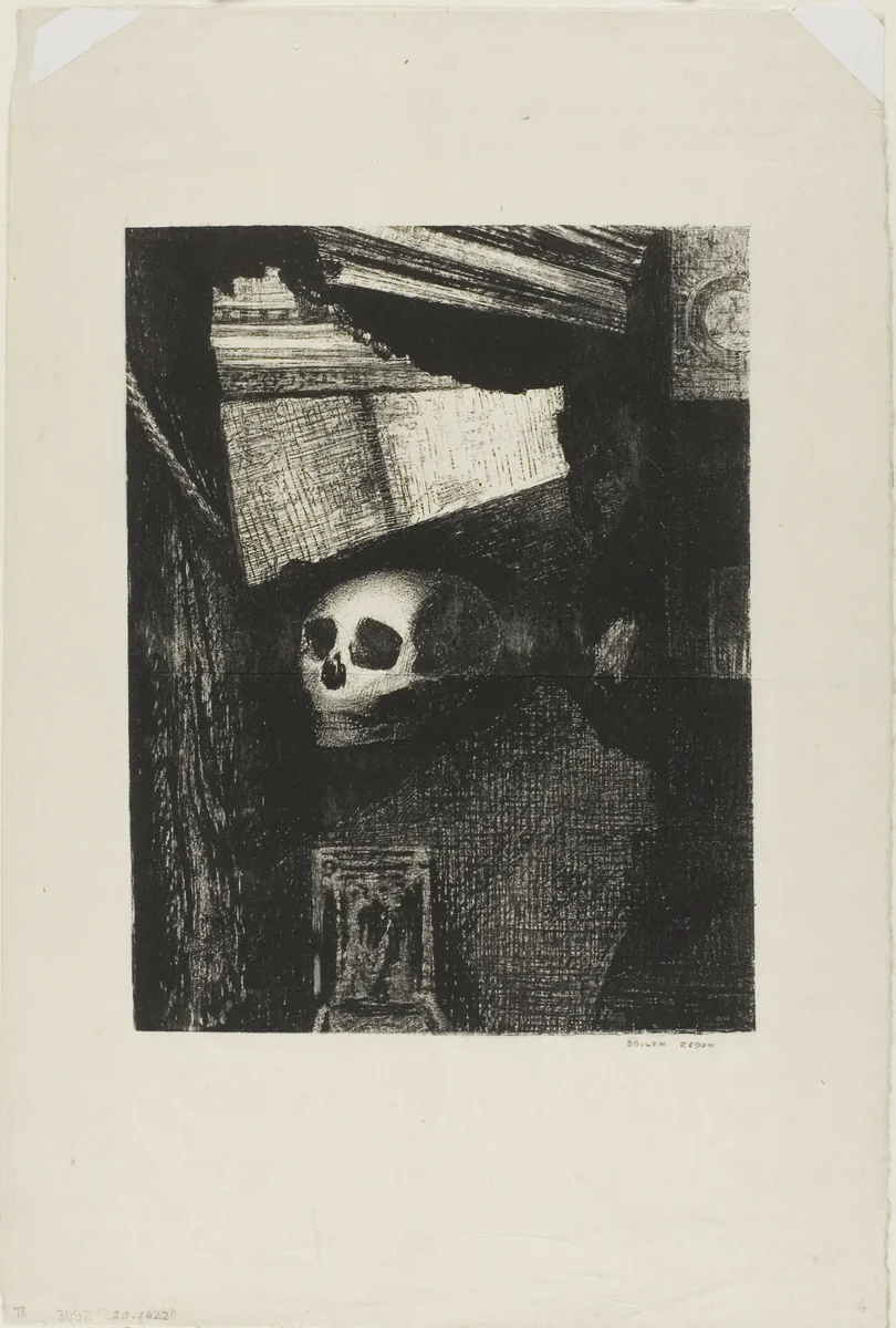 Through an Opening in the Wall, a Skull Appeared, plate 1 from Edmond Picard's Le Jure by Odilon Redon, print, 1887