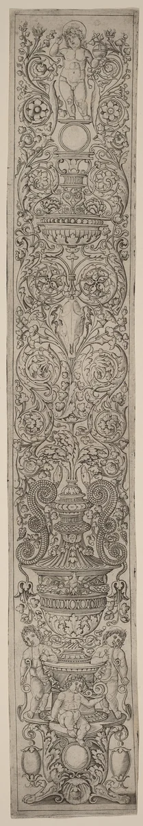 Ornament Panel: Three Children Blowing Horns by Andrea Zoan; Giovanni Pietro Birago, print, 1505-1515