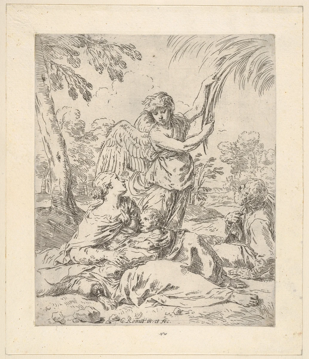 Repose in Egypt, Mary nursing the infant Christ while an angel pulls at tree branches by Simone Cantarini, print, 1625-1635