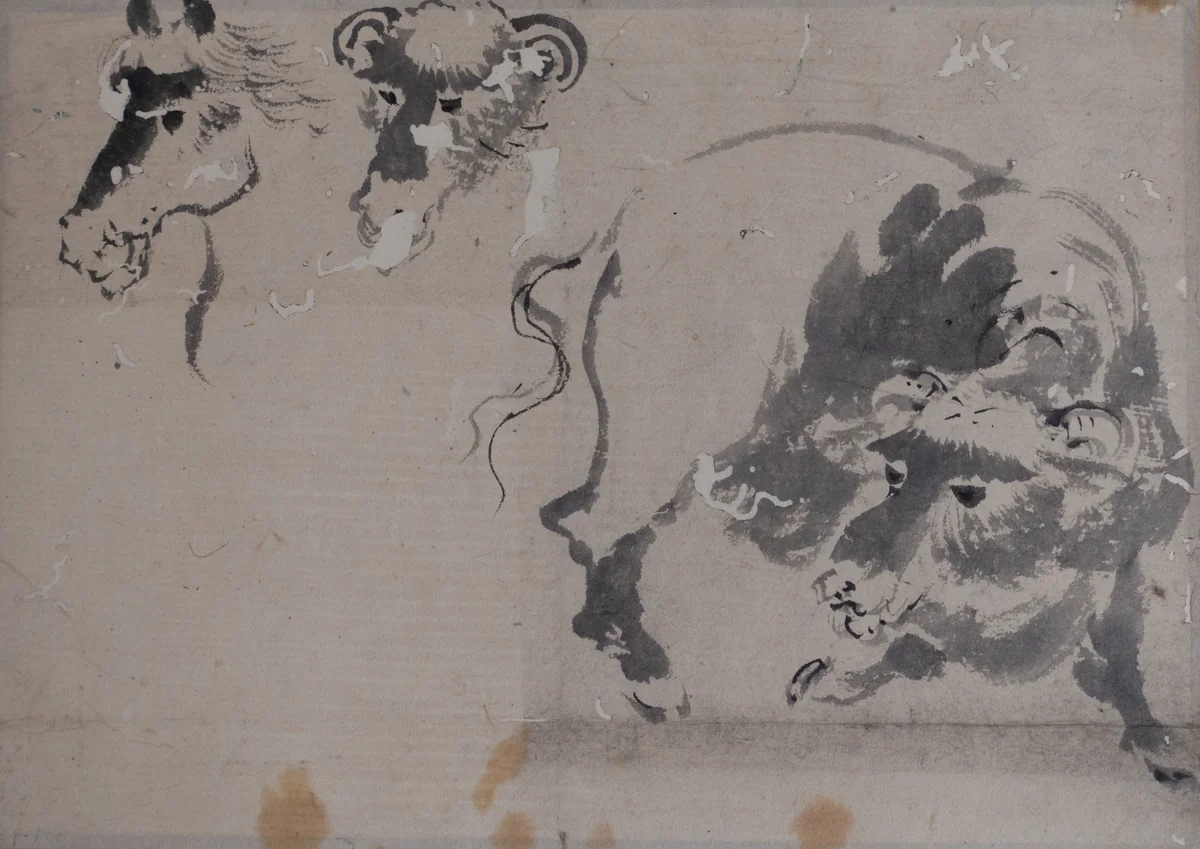 Drawing of a Bison, and Heads of a Bison and Horse by Unidentified Artist, drawing, 1800-1849