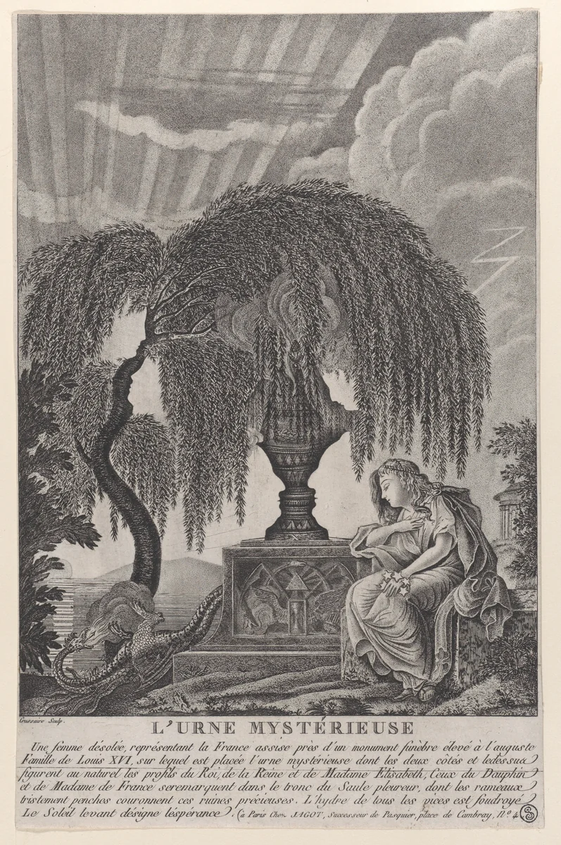 The Mysterious Urn, with the hidden silhouettes of the French royal family by Pierre Jean Joseph Denis Crussaire, print, 1793-1800