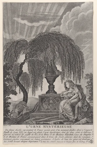 The Mysterious Urn, with the hidden silhouettes of the French royal family by Pierre Jean Joseph Denis Crussaire, print, 1793-1800