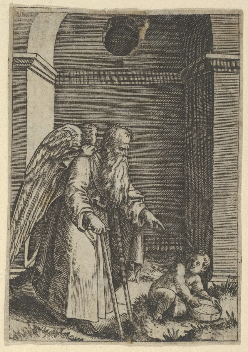 An elderly winged man with a long beard walking with crutches, possibly representing Time gesturing towards a young child holding a sieve by Marcantonio Raimondi, print, 1505-1515