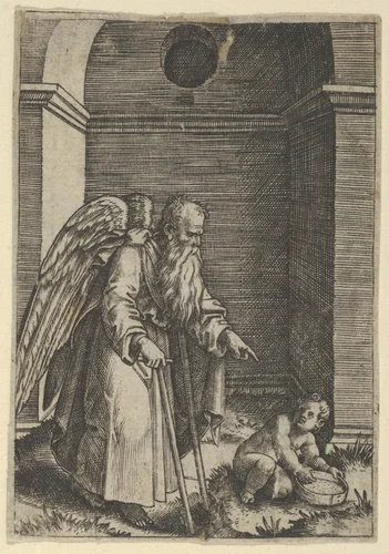 An elderly winged man with a long beard walking with crutches, possibly representing Time gesturing towards a young child holding a sieve by Marcantonio Raimondi, print, 1505-1515