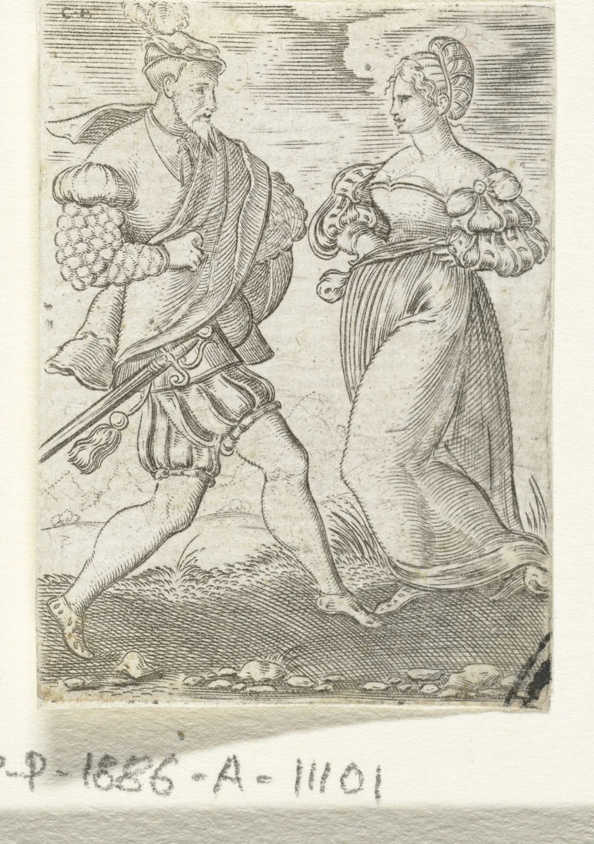 Dansend stel, de vrouw met de handen in haar zij by Unknown, print, 1546-1548