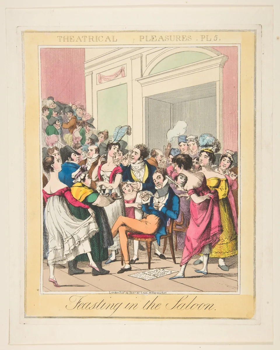 Theatrical Pleasures, Plate 5: Feasting in the Saloon by Theodore Lane, print, 1830-1840