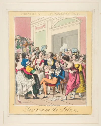 Theatrical Pleasures, Plate 5: Feasting in the Saloon by Theodore Lane, print, 1830-1840