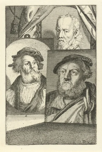 Portretten van Hans Sebald Beham, Lucas Cranach I en Gerard de Jode by Jan l' Admiral, print, 1764