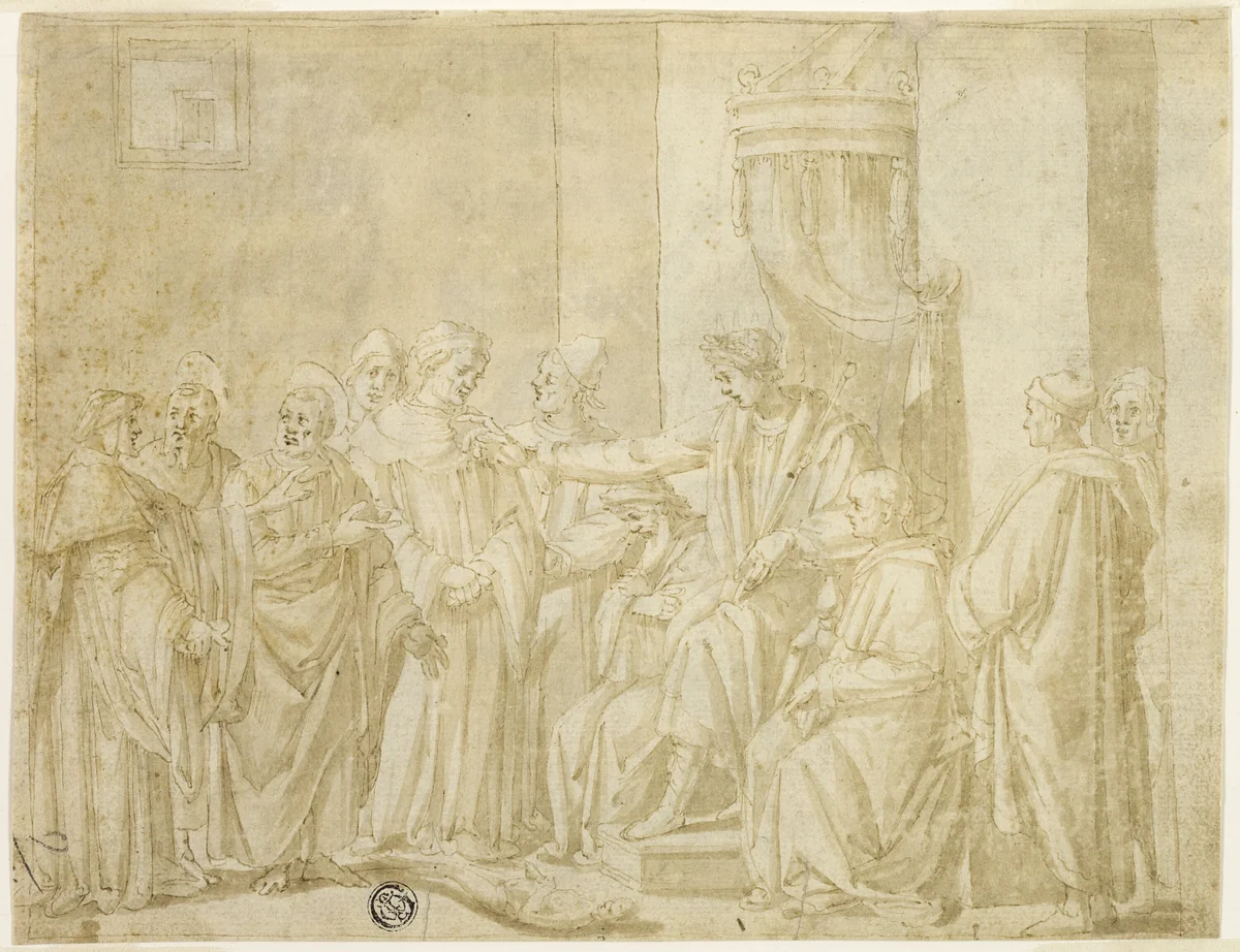 Saints Peter and Paul Disputing with Simon Magus before Nero (recto); Five Scenes from the Story of Moses (verso) by Andrea Boscoli, drawing, 1575-1585