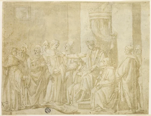 Saints Peter and Paul Disputing with Simon Magus before Nero (recto); Five Scenes from the Story of Moses (verso) by Andrea Boscoli, drawing, 1575-1585