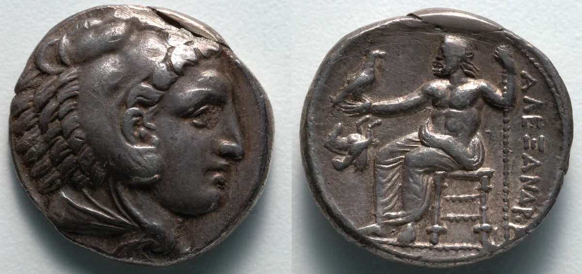 Tetradrachm: Head of Young Herakles (obverse); Zeus (reverse) by Unknown, metalwork, -336--323