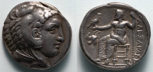 Tetradrachm: Head of Young Herakles (obverse); Zeus (reverse) by Unknown, metalwork, -336--323