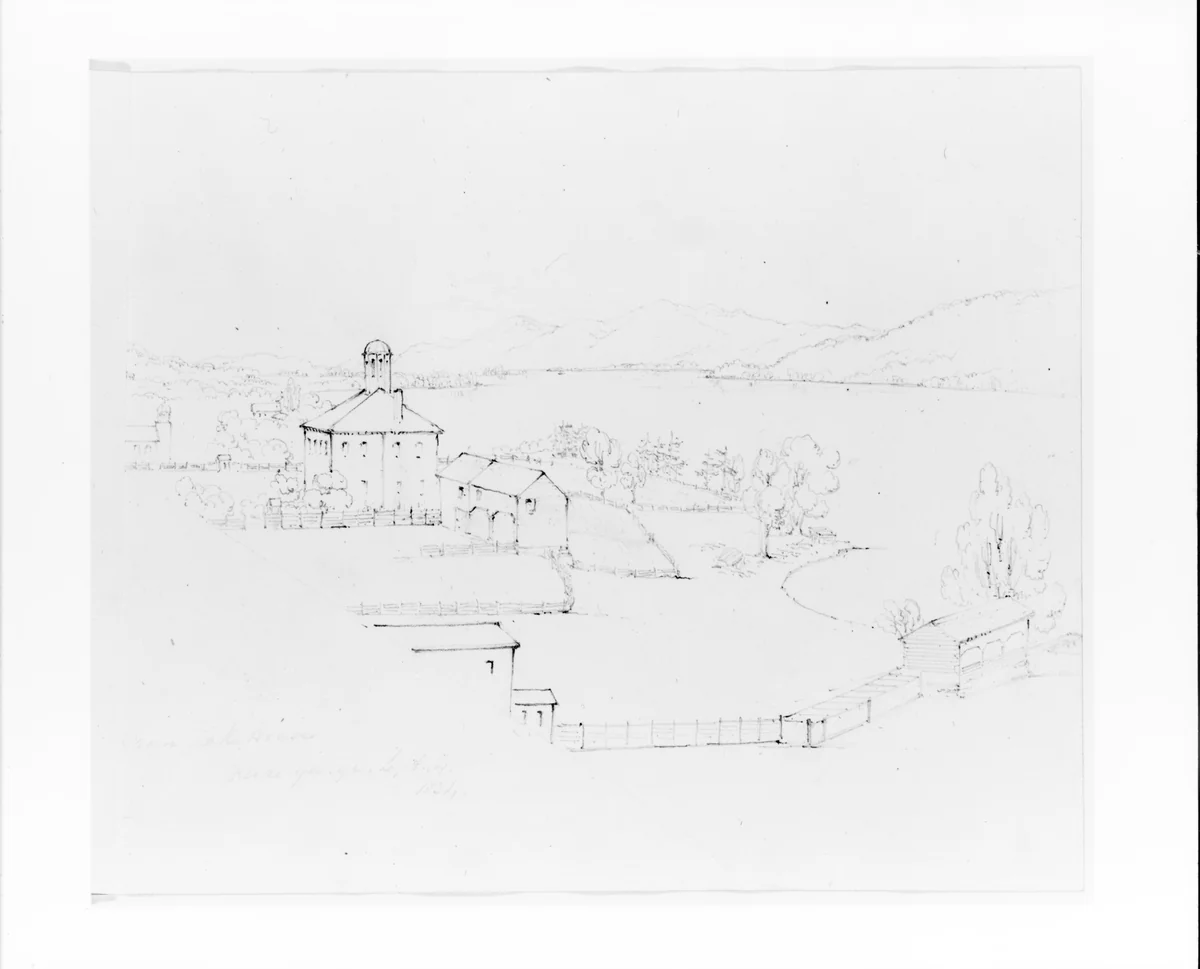 View from Lake House: School, Barn and Church (from Sketchbook) by John William Casilear, artwork, 1834-1838