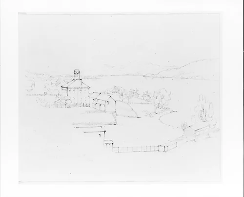 View from Lake House: School, Barn and Church (from Sketchbook) by John William Casilear, artwork, 1834-1838