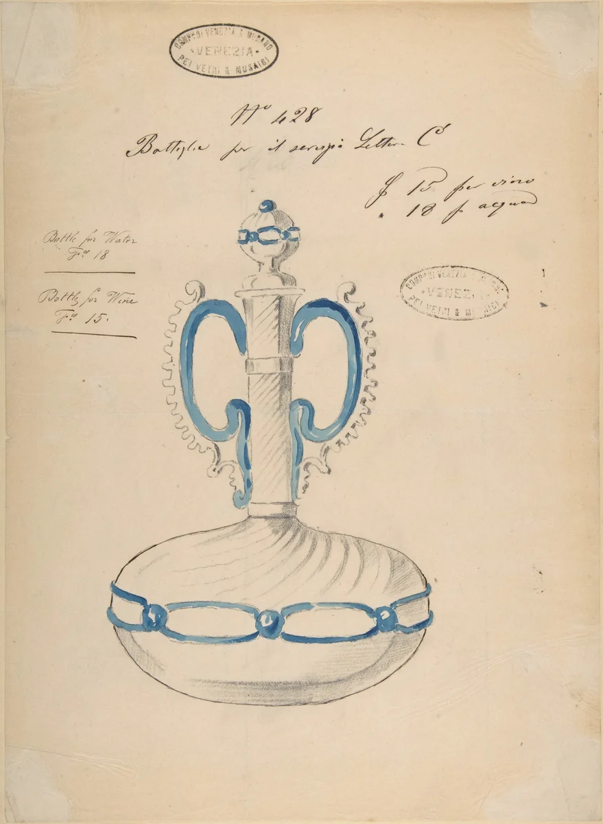 One of Twenty-Three Sheets of Drawings of Glassware (Mirrors, Chandeliers, Goblets, etc.) by Compagnia di Venezia e Murano, drawing, 1850-1880