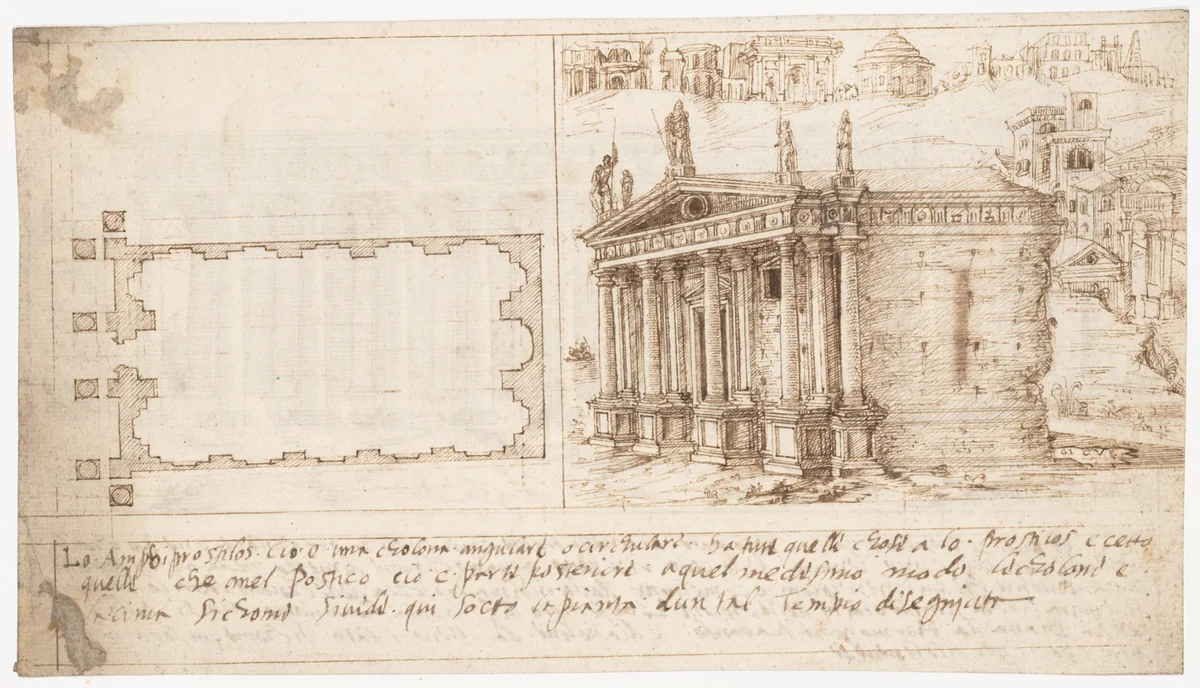 Recto: Temple Types: Amphiprostyle (Vitruvius, Book 3, Chapter 2, no. 4); Verso: Temple Types: Pseudodipteral (Vitruvius, Book 3, Chapter 2, no. 6). by Sangallo family, drawing, 1530-1545
