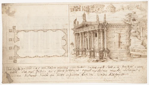 Recto: Temple Types: Amphiprostyle (Vitruvius, Book 3, Chapter 2, no. 4); Verso: Temple Types: Pseudodipteral (Vitruvius, Book 3, Chapter 2, no. 6). by Sangallo family, drawing, 1530-1545